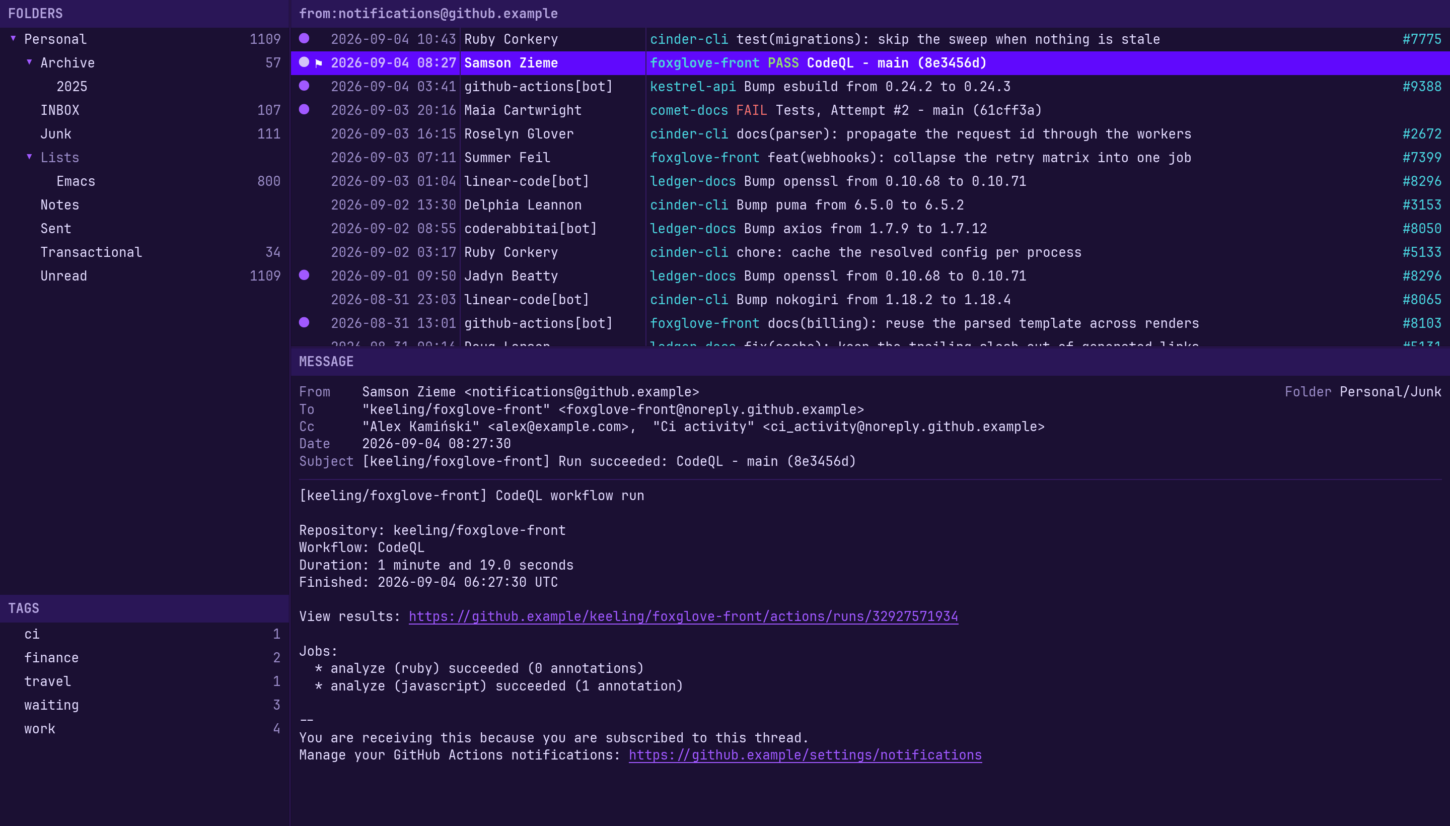 inboxctl showing GitHub messages with shortened subjects and colored run results